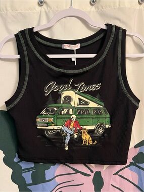 Ribbed Cropped Tank with Green Camper Graphic and stitching